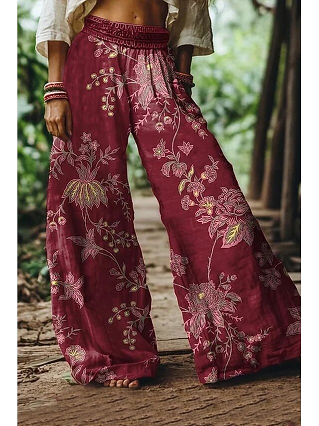 Women's Culottes Wide Leg Vacation Vintage Ethnic Style Full Length High Waist Floral Graphic Quick Dry Breathability Soft Inelastic Formal Outdoor Vacation Red Purple Summer Spring3