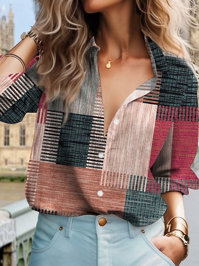  Dames Shirt Button Down Blouse Ruit Stijlvolle Casual Lange Mouwen Shirt Button Down Blouse Kraag Reguliere Tops Dagelijks Knopen Print Rood Blauw Groen Khaki Zomer Lente