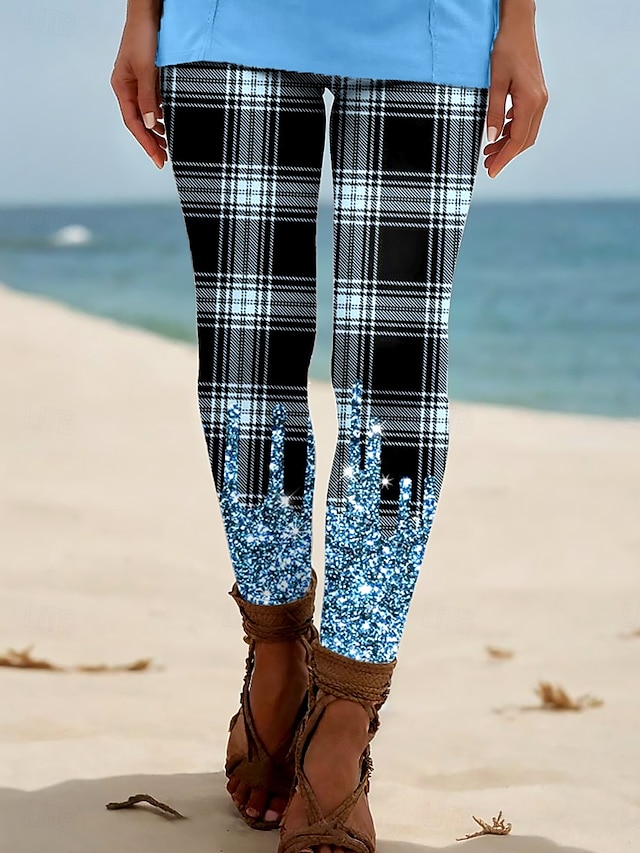  Dame Leggings Ferie Årgang Etnisk stil Full lengde Høy Midje Grafisk Ruter Rutet 3D-utskrift Pusteevne Myk Bekvem Høy Elastisitet utendørs Feriereise Hjem Rosa Rødstrupe-egg Blå Kakifarget Sommer Vår