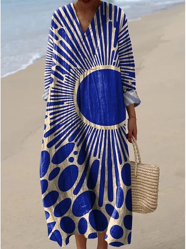  Damskie Sukienka maxi Sukienka letnia Sukienka A line Urlop Codzienny Boho Wyjściowe Plaża Graficzny Geometryczny Naszywka Długi rękaw W serek jesion Czarny Żółty Rumiany róż Lato Wiosna