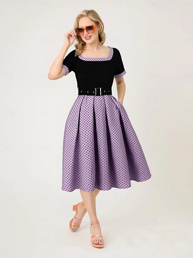  Retro 50. léta Rockabilly Polední Houpací šaty Flare šaty S páskem S kapsami Puntíky Dámské Plesová maškaráda Dovolená Ležérní Retro tematická párty Dospělé Šaty Čelenka Jaro léto