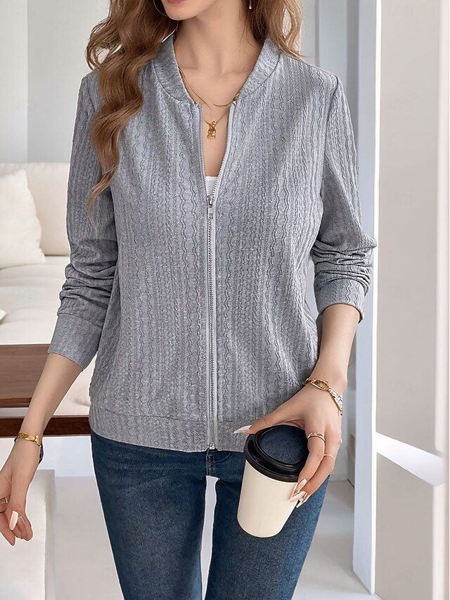 Women's Casual Jacket Comfortable Breathable Full Zip Daily Casual Plain Casual Daily Regular Stand Collar Regular Fit Long Sleeve Outerwear Black Gray Spring Fall