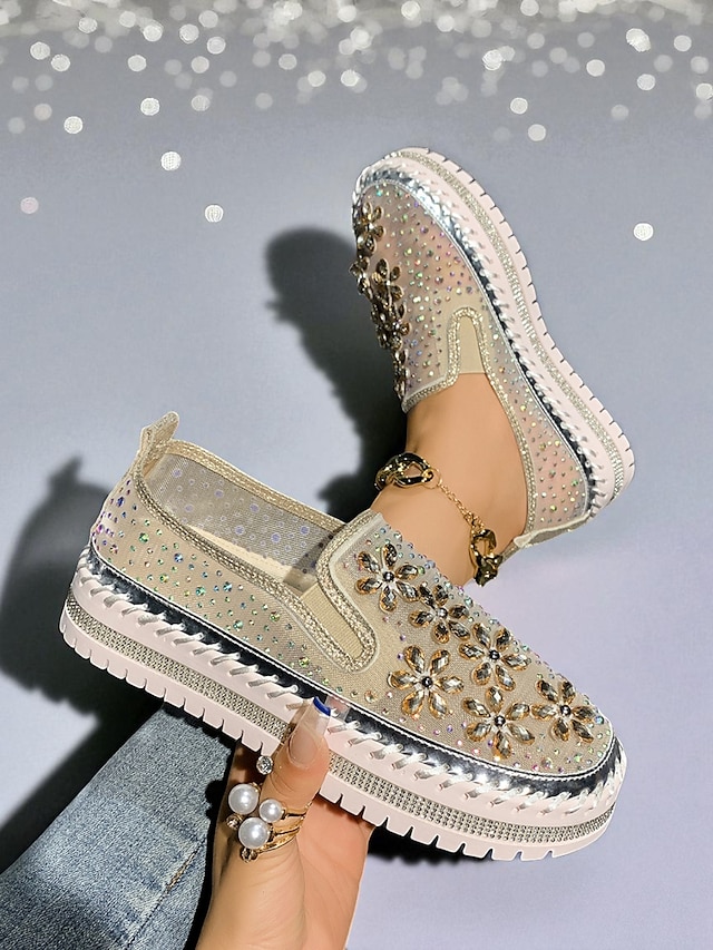  Sneakers slip-on da donna con strass, tomaia in mesh e suola spessa - scarpe alla moda per la vita notturna, le feste e le discoteche