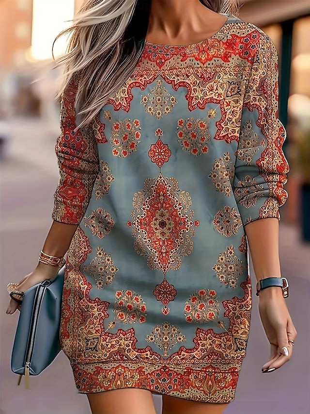  Femmes Mini Robe Robe bohème Robe Imprimée Mode Moderne Quotidien Fête Date Coupe régulière Fleuri manche longue Col ras du cou Rouge Printemps Automne