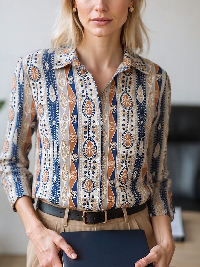  Dames Blouse Geklede topjes Chiffon-topjes Grafisch Kleurenblok Elegant Dagelijks Stijlvol Lange mouw Overhemdkraag Normale tops Werk Dagelijks Knop Afdrukken blauw Olijf Smaragdgroen Bruin Regenboog
