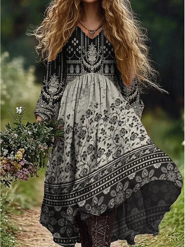  Per donna Abito maxi Abito a trapezio Vacanza Casual Boho Uscire Spiaggia Vestibilità comoda Floreale Grafico Paisley Manica Lunga Scollo a V Verde scuro Nero Vino Rosso Estate Primavera Autunno