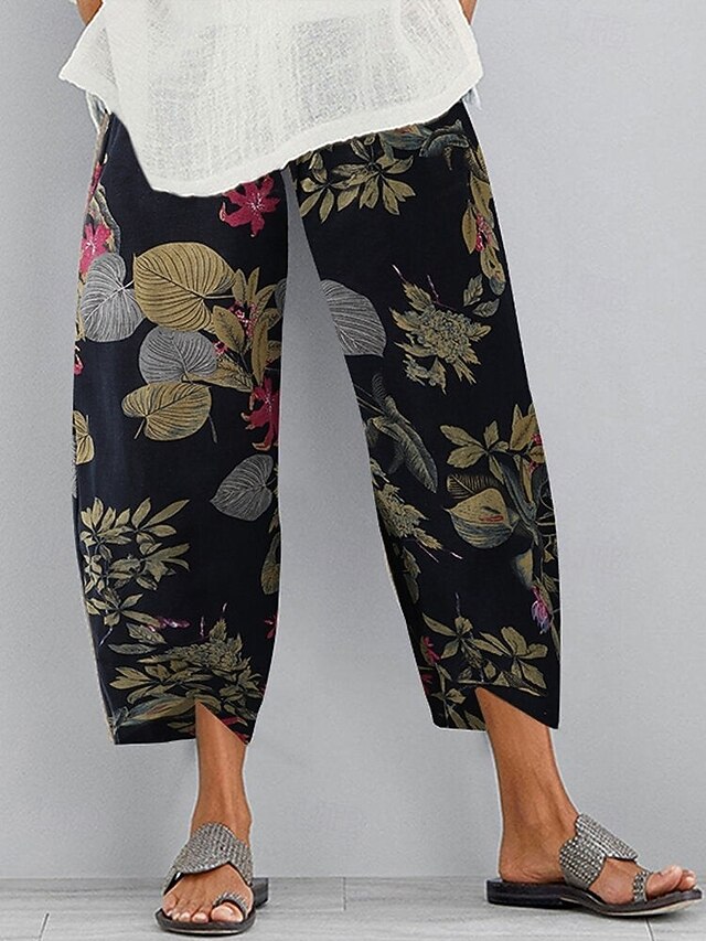 Women's Slacks Vacation Vintage Ethnic Style Full Length High Waist Floral Graphic Elastic Waistband Comfy Breathability Soft Micro-elastic Outdoor Street Daily Army Green Black White Summer Spring4