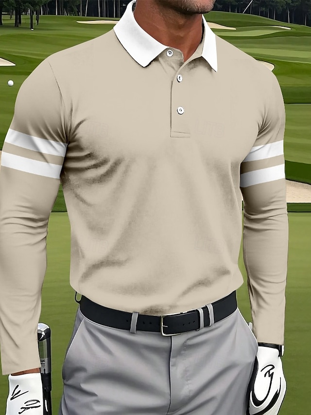  Voor heren Gestreept Polo Sport Poloshirts Lange mouw Poloshirt Overhemden met kraag Sportkleding Sportkleding Alledaagse kleding 3D-afdrukken Lente Herfst Winter Marineblauw Licht Bruin Hemelsblauw