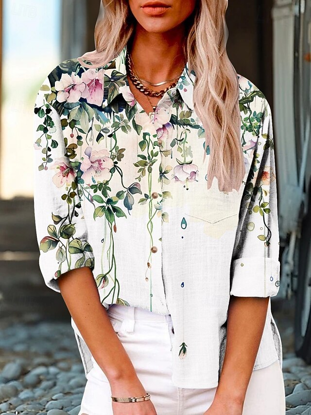 Women's Shirt Floral Active Daily Stylish Long Sleeve Shirt Collar Regular Tops Daily Holiday Buttons Print White Summer Spring Fall4