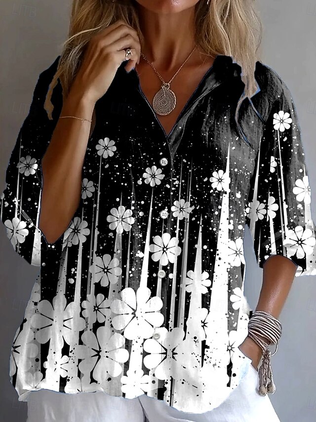 Women's Shirt Button Down Tunic Shirt Collar Long Sleeve Ombre Floral Graphic Vintage Tropical Daily Regular Tops Work Daily Holiday s Print Black And White Spring Fall4