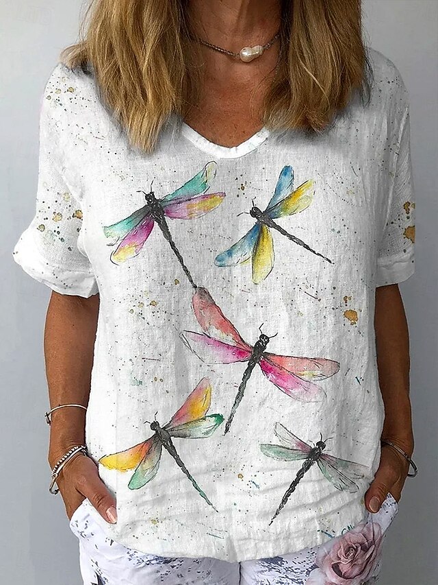 Women's T Shirt Graphic Dragonfly Vintage Stylish Classic Short Sleeve V Neck Regular Tops Daily Weekend Vacation Wear Print White Summer Spring Fall4