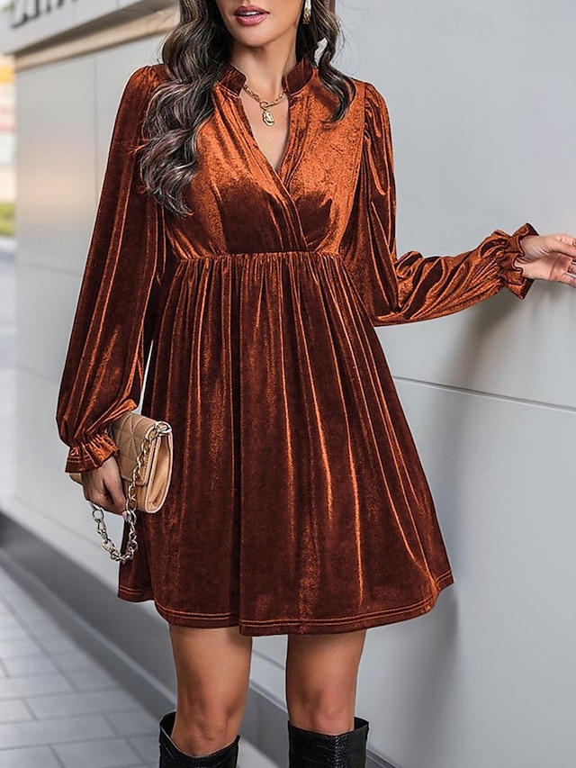  Damen Minikleid Samtkleid Freizeitkleid Mode Modern Täglich Date Wochenende Normale Passform Einfach Langarm V Ausschnitt Wein Marineblau Orange Grün Herbst Winter