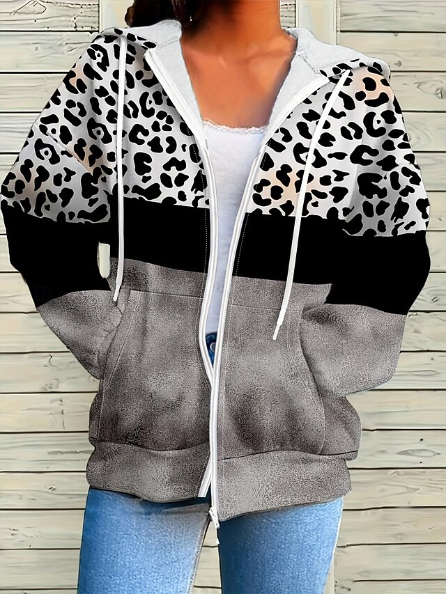 Women's Hooded Sweatshirt Jacket Long Sleeve Zip Up Hoodie With Pocket Lightweight Casual Micro-elastic Graphic Leopard Geometric Fashion Street Dailywear Pocket Print Gray Spring Fall4