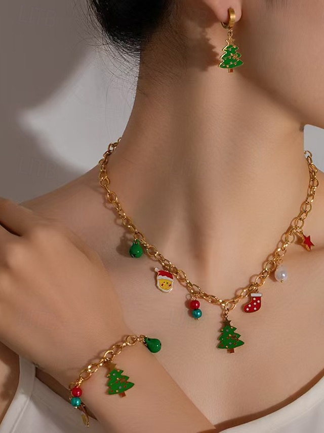  Conjunto de joyas navideñas para mujer: collar, pulsera y pendientes de cadena dorada con colgantes de árbol festivo, Papá Noel y medias, divertidos accesorios navideños para atuendos de fiesta