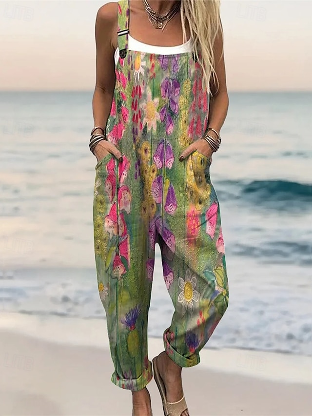  Damen Normal Overall Streetwear Blumen Kurzarm Weites Bein U-Ausschnitt Tasche Druck Straße Täglich Normale Passform Grün Sommer