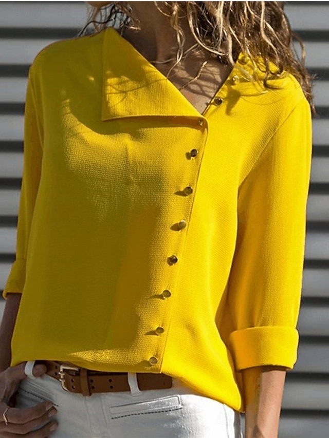  Dames Overhemd Effen Kleur Stijlvol Casual Lange mouw Overhemdkraag Normale tops Dagelijks Knop Zwart Wit Geel Blozend Roze Zomer Lente