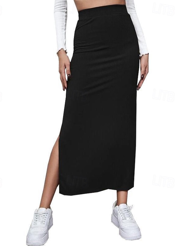  Dame Skjørte Afslappet Maxi Alm. taljede Nederdele Vanlig Spaltede spidser Mikroelastisk Ferierejse Gade Sort Rød Lysebrun Brun Sommer Polyester
