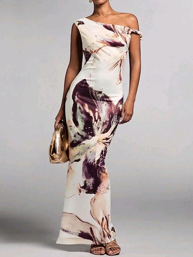  Femmes Robe Longue Maxi Robe Robe Imprimée Mode Extérieur Sortir Week-end Coupe régulière Fleur Sans manches Une Épaule Violet Vert Été