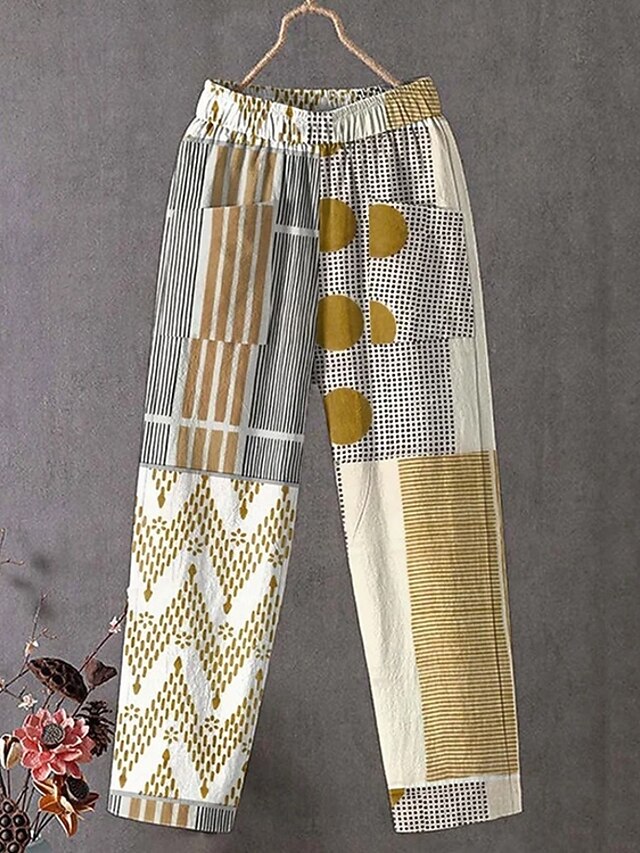Women's Slacks Vacation Vintage Ethnic Style Ankle-Length High Waist Geometric Striped Abstract Pocket Comfy Breathability Lightweight Inelastic Outdoor Vacation Causal Yellow Khaki Summer Spring3