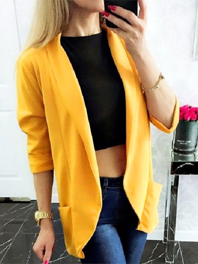 Women's Blazer Comfortable Breathable Pocket Fashion Modern Plain Work Daily Regular Turndown Regular Fit Long Sleeve Outerwear Yellow Khaki Spring Fall3