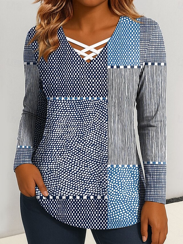 Women's T Shirt Graphic Geometric Vintage Stylish Classic Long Sleeve V Neck Regular Tops Daily Cut Out Print Blue Purple Green Spring Fall4
