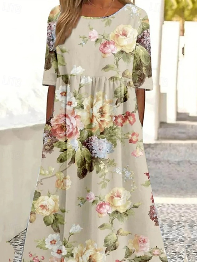  Femmes Robe Midi Robe Décontractée Robe d'été Mode Moderne Quotidien Plage Week-end Coupe régulière Fleur Manche Courte Col ras du cou Jaune Rose Claire Été Printemps Automne