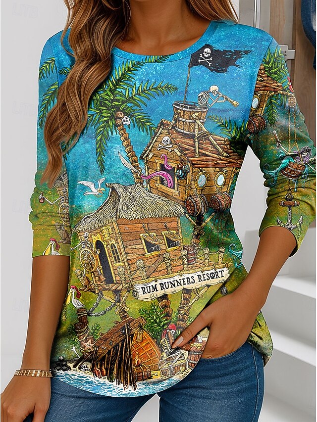 Skull By David Lozeau Halloween Women's T shirt Crew Neck Long Sleeve Tunic Graphic Vintage Stylish Classic  Regular Tops Daily Print Blue Fall3