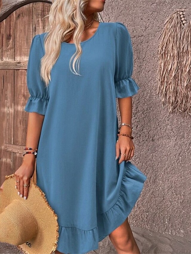 Women's Midi Dress Casual Dress Fashion Modern Daily Beach Weekend Regular Fit Plain Half Sleeve Crew Neck Blue Summer Spring4