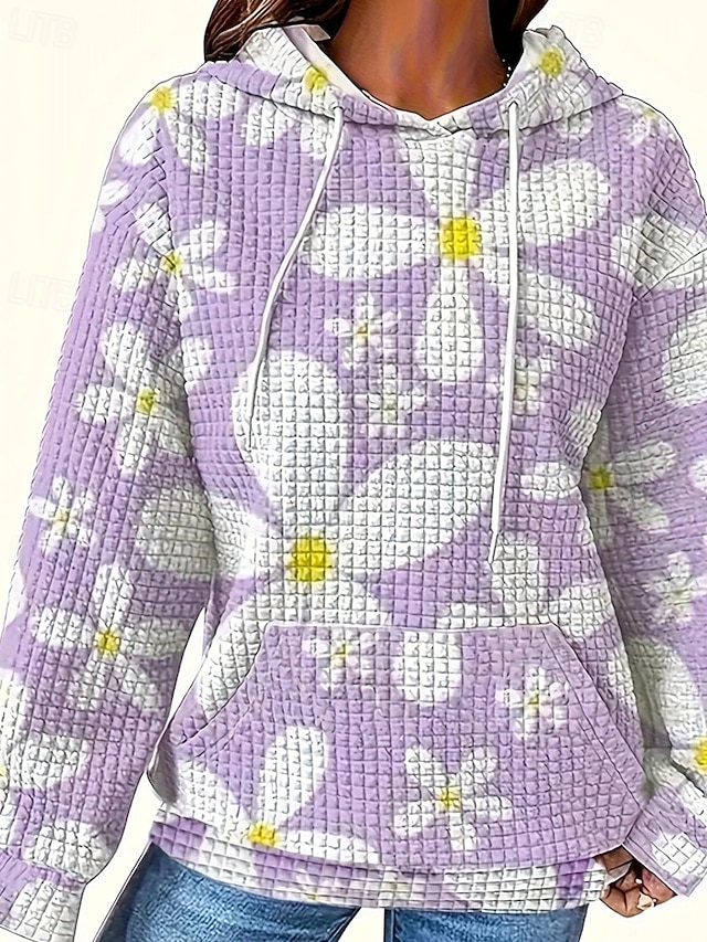  Dame Pullover hettegenser-genser Blomstret Gatemote Fritid Behagelig Langermet Med hette Vanlige topper Gate Ferie Ut på byen Lomme Trykt mønster Hvit Blå Lilla Høst