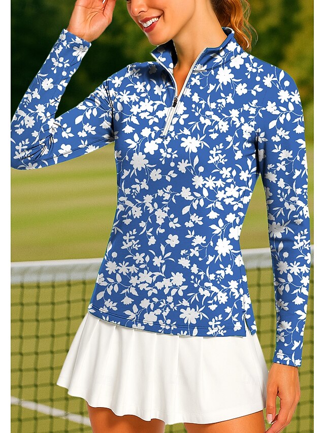 Women's Floral Golf Polo Shirt Tennis Shirt Tennis Tee Long Sleeve Print Quarter Zip Pullover UV Protection Elastic Breathable Volleyball Tennis Golf Standing Collar Zip Collar Shirt Polo Blue and4