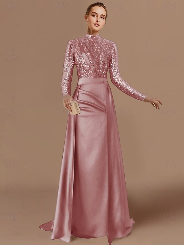 V Neck Pleated Beaded Formal Dress Long Sleeves Sheath Evening Gown with Removabal Sweep Train