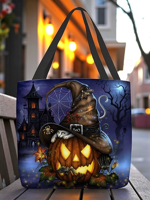  Sac fourre-tout pour femme imprimé citrouille et chat d'Halloween par Sarah Richter – grand sac à bandoulière réutilisable en polyester avec poche zippée pour les achats et les fêtes de fin d'année