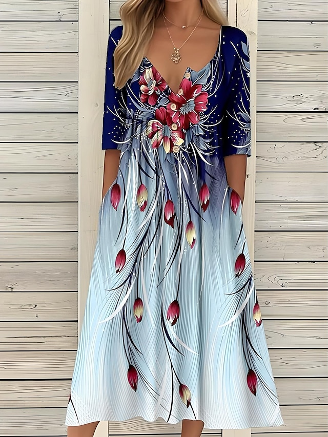  Damen Midikleid Freizeitkleid Sommerkleid A Linie Kleid Faltenkleid Urlaub Lässig Strand Ferien Lässiger Schnitt Blumen Grafik Halbarm Rundhalsausschnitt Rosa Blau Sommer