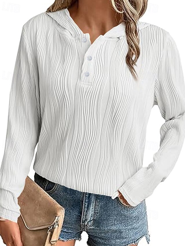 Women's Texture Sweatshirt Pullover Hoodie Sweatshirt Plain Streetwear Casual Comfy Long Sleeve Hooded Regular Tops Street Holiday Going out Buttons White Pink Beige Fall4