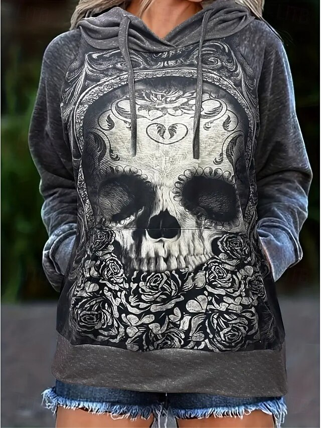 Halloween Women's Pullover Hoodie Sweatshirt Heart Skulls Graphic Casual Long Sleeve Hooded Regular Tops Party Evening Wear Street Dailywear Dark Gray Spring Fall Winter4