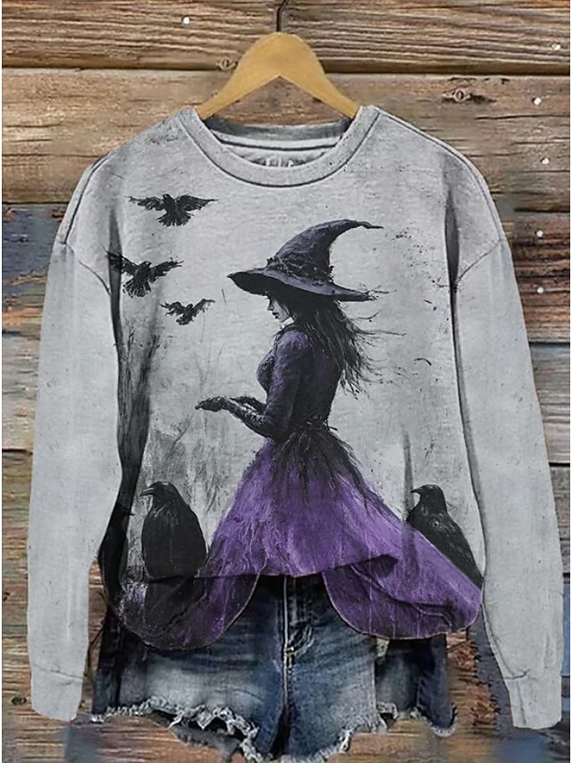 Halloween Women's Pullover Sweatshirt Witch Graphic Fashion Casual Long Sleeve Round Neck Regular Tops Street Dailywear Casual Print Purple Green Fall Winter3