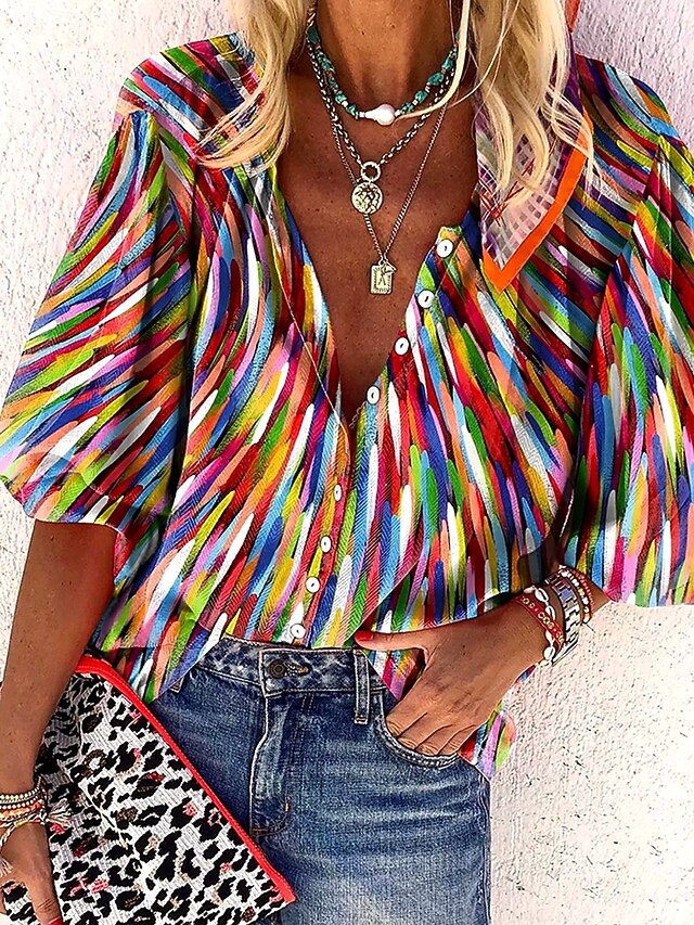 Women's Summer Tops Floral Graphic 3D Bohemia Vintage Daily 3/4 Length Sleeve V Neck Regular Tops Daily Holiday Beach Wear Print Light Green Blue Rainbow Summer Spring Fall4