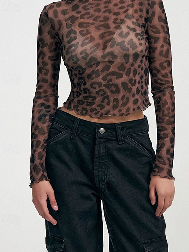  Dames T-shirt Luipaard Modieus Modern Lange mouw Strakke ronde hals Normale tops Dagelijks Netstof Kastanjebruin Licht Bruin Bruin Zomer