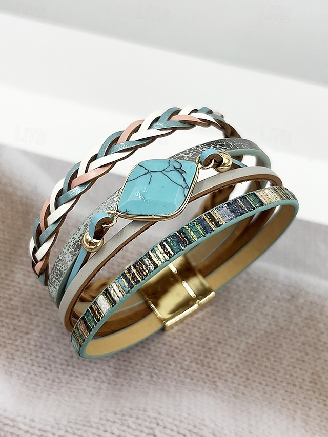 Pulseira feminina boêmia – pulseira magnética de couro sintético multicamadas com pingentes de liga e pedra turquesa para uso casual, festas ou presentes