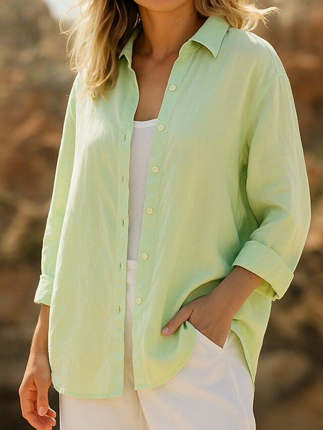 Women's 100% Cotton Shirt Solid Color Plain Elegant Vintage Daily Long Sleeve Shirt Collar Regular Tops Daily Holiday Vacation Wear White Blue Green Spring, Fall, Winter, Summer4