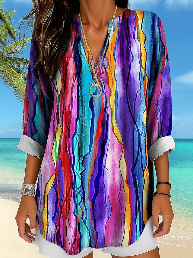  Women's Shirt Cotton Linen Shirt Blouse Ombre Graphic Geometric Daily Hawaiian Business Long Sleeve V Neck Regular Tops Work Daily Holiday Buttons Print Black And White Yellow Red Purple Green Summer