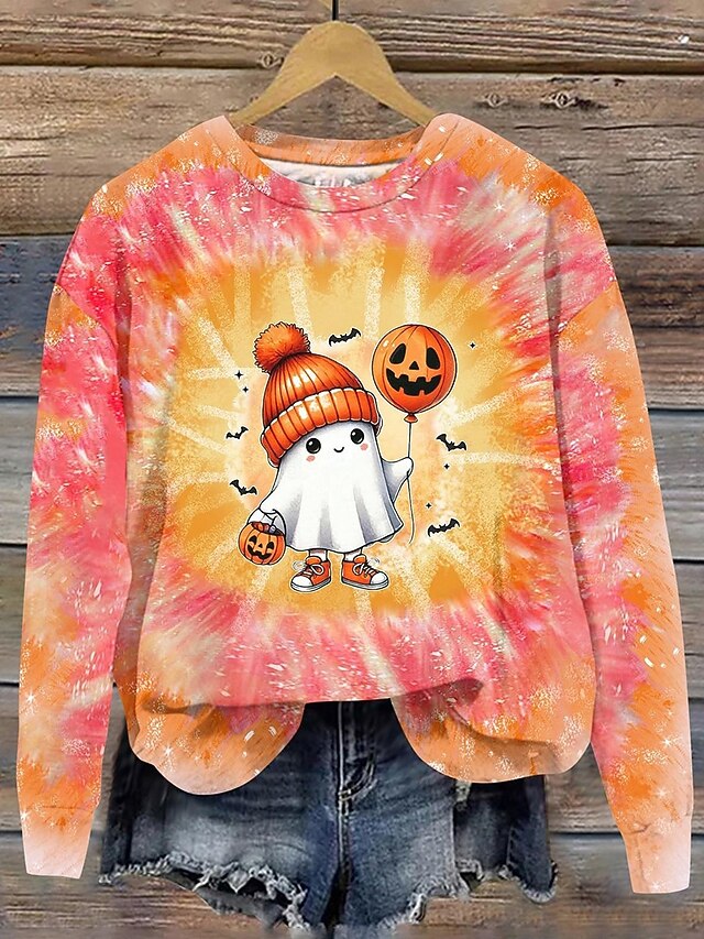 Halloween Women's Sweatshirts Ghost Graphic Casual Long Sleeve Crew Neck Regular Tops Street Dailywear Casual Print Pink Blue Orange Spring Fall Winter4