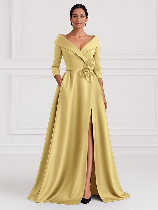  Abito da sera A-Line nero e oro abito elegante invitato al matrimonio lunghezza campagna maniche 3/4 colletto camicia tasca satin elasticizzato con fiore sulla spalla
