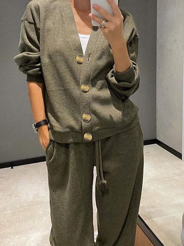  Dames Actief Streetwear Blouse Broeken Sets Lange mouw V-hals Effen Kleur Vakantie Alledaagse kleding Zwart Leger Groen Stoffig blauw Herfst Normale pasvorm