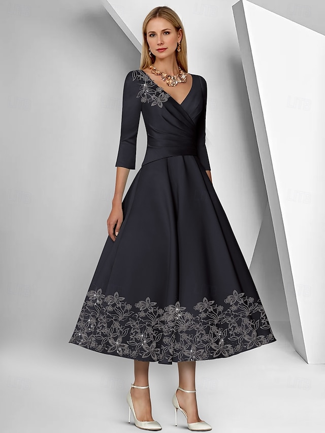  A-Linie Kleid Knöchellänge Tee-Länge Cocktailkleider Partykleider Elegant Einfach Dreiviertelarm V Ausschnitt Formell Satin mit Spitze Gerafft Paillette 2025