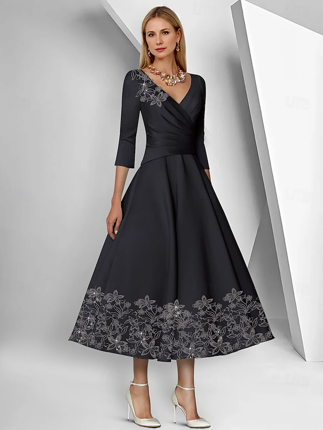 A-Line Dress Beach Wedding Mother of the Bride Dress Elegant Simple V Neck Ankle Length Tea Length Satin 3/4 Length Sleeve with Lace Ruched Sequin Race Day Dress 8