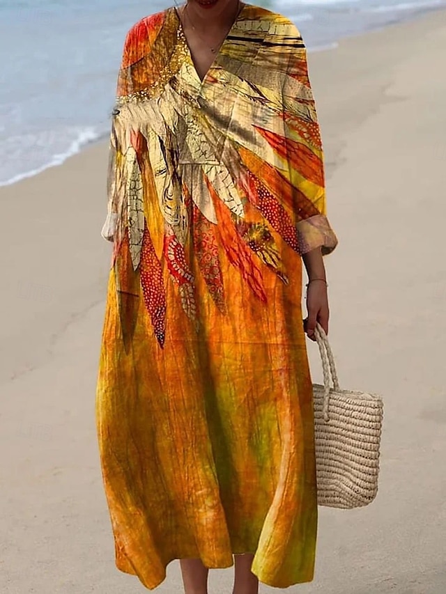  Dam Maxiklänning Solklänning A linjeklänning Semester Ledigt Boho Utekväll Strand Blommig Grafisk Långärmad V-hals Vit Rodnande Rosa Orange Naturvit Sommar Vår Höst