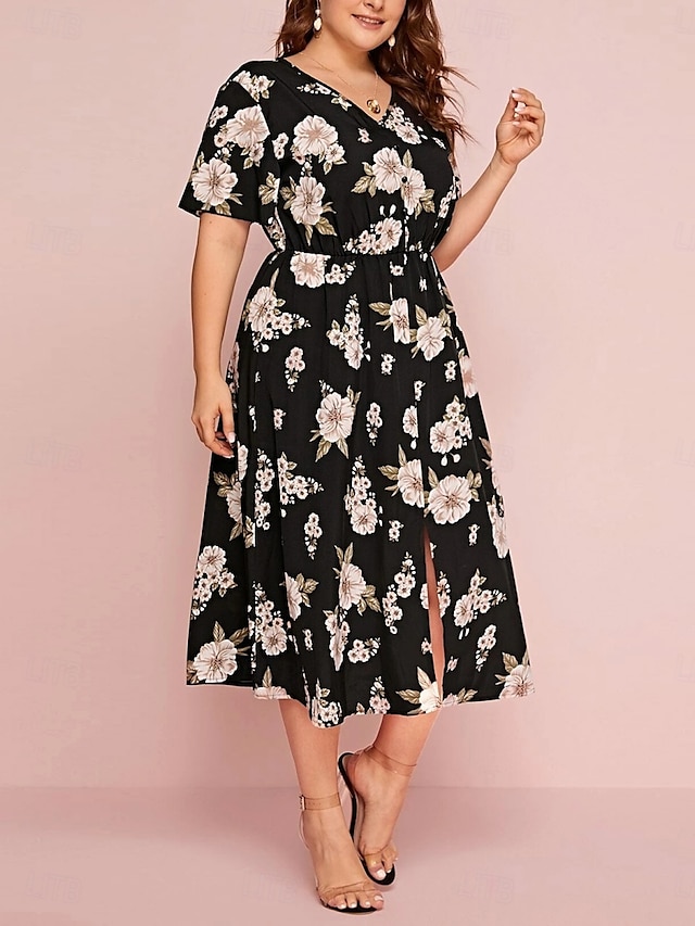  Pentru femei Mărime Plus Rochie casual Floral În V Manșon scurt Vară Primăvară Elegant Modă Modern Casual Rochii Midi Zilnic Concediu Rochie