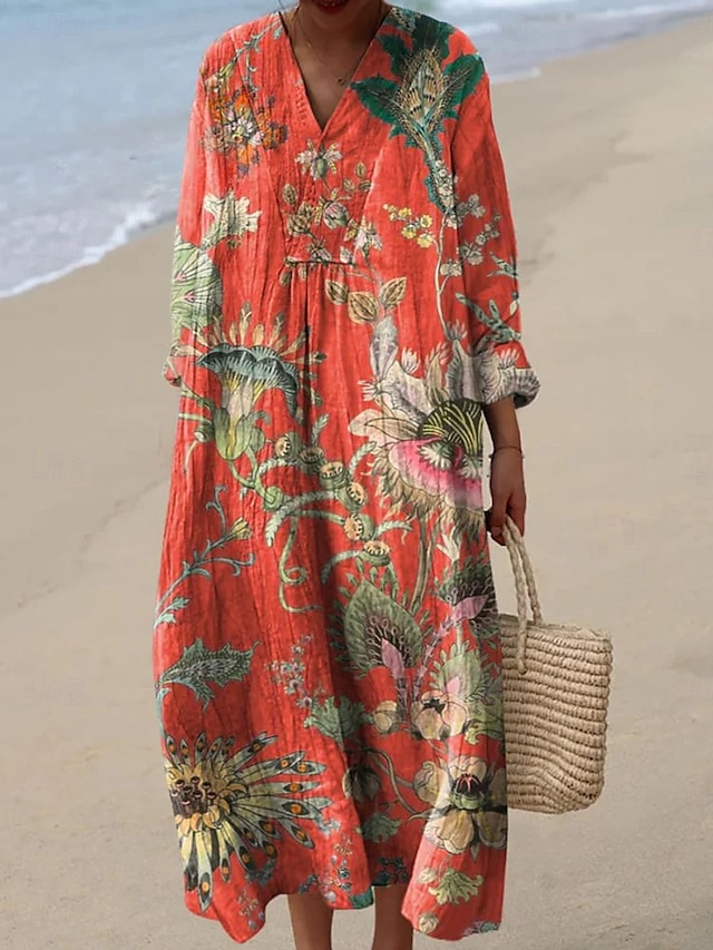  Damen Maxikleid Sommerkleid A Linie Kleid Urlaub Lässig Boho Party Ausgehen Strand Blumen Grafik Geometrisch Langarm V Ausschnitt Rote Blau Regenbogen Sommer Frühling Herbst