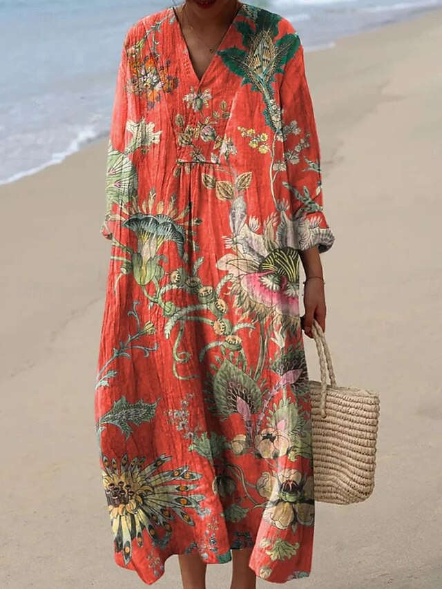 Women's Midi Dress V Neck Long Sleeve Kaftan Lightweight Loose Fit A Line Dress Casual Boho Party Going out Floral Graphic Geometric Long Sleeve V Neck Red Blue Rainbow Fall4